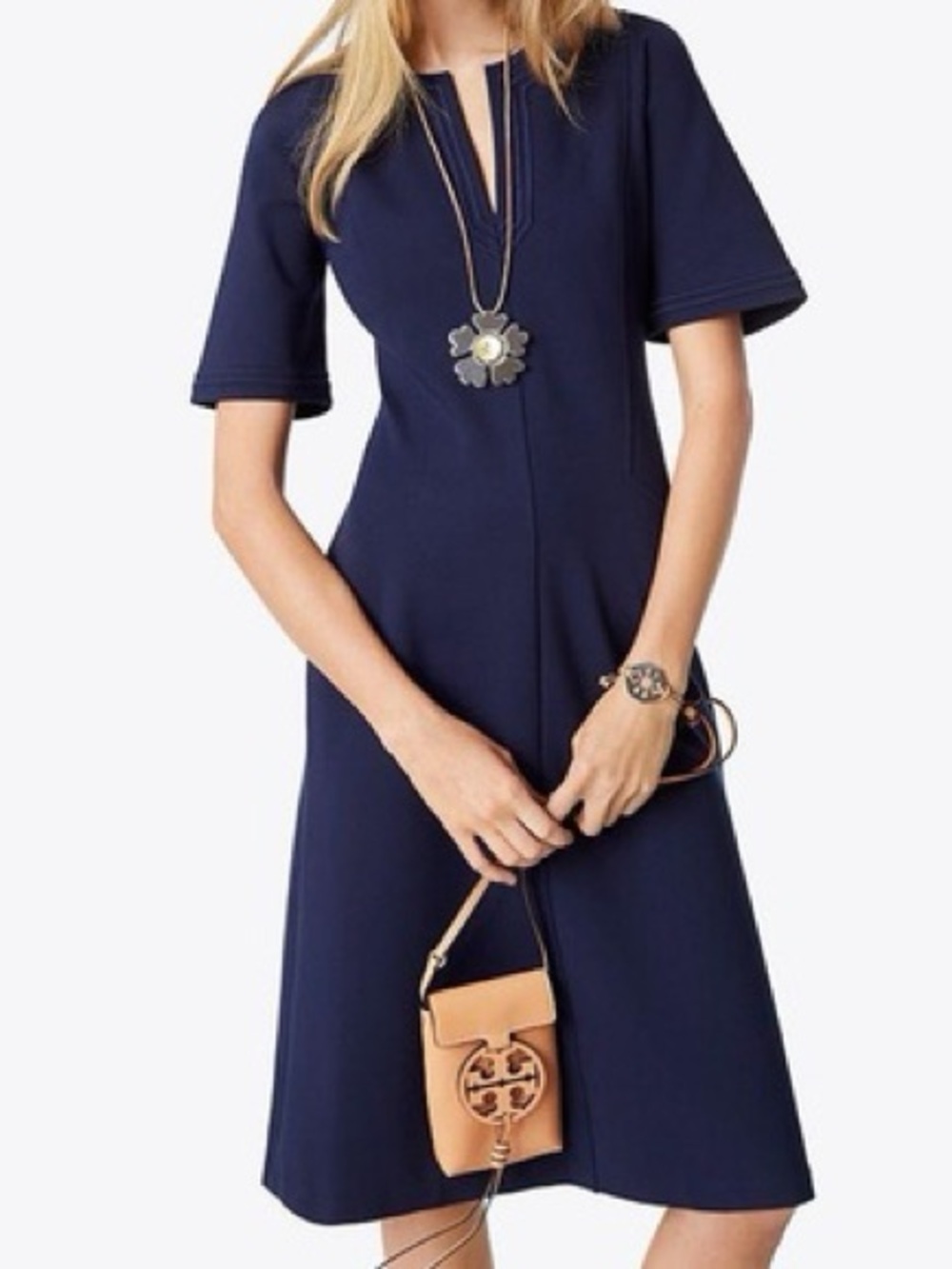 Tory Burch Navy Short-Sleeve Midi Dress